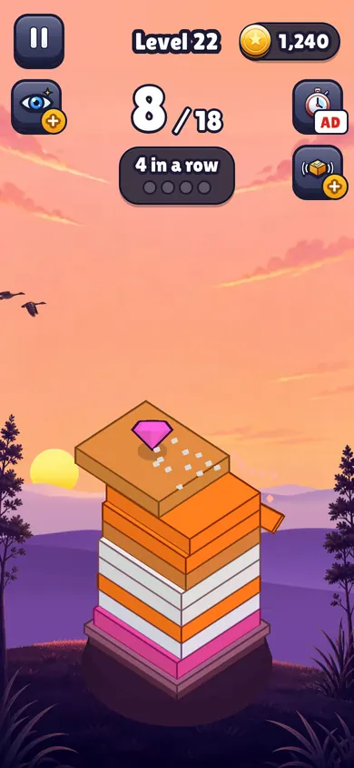 Sunset: a tower against a peach sky and violet hills